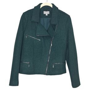 Pure Collection Jacket Womens US 6 Green Wool Blend Moto Zip Biker Pockets Chic
